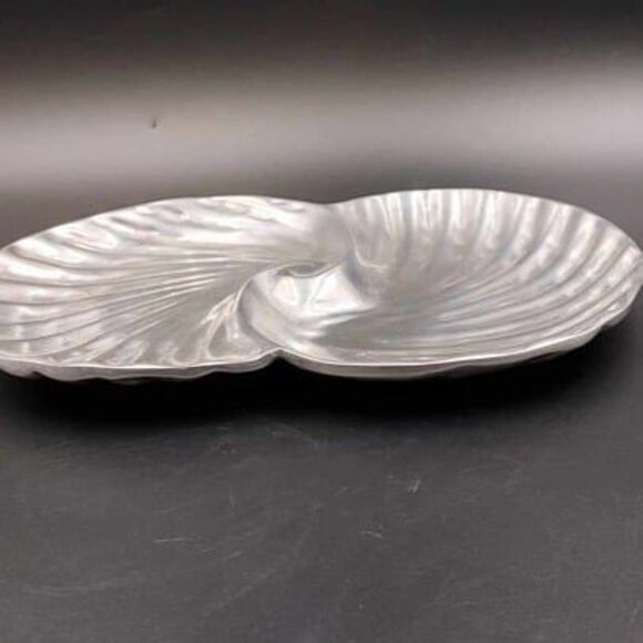 VTG Double Seashell Tray Dish Ocean Beach Hollywood Regency Mexico Pewter Silver - Picture 4 of 10